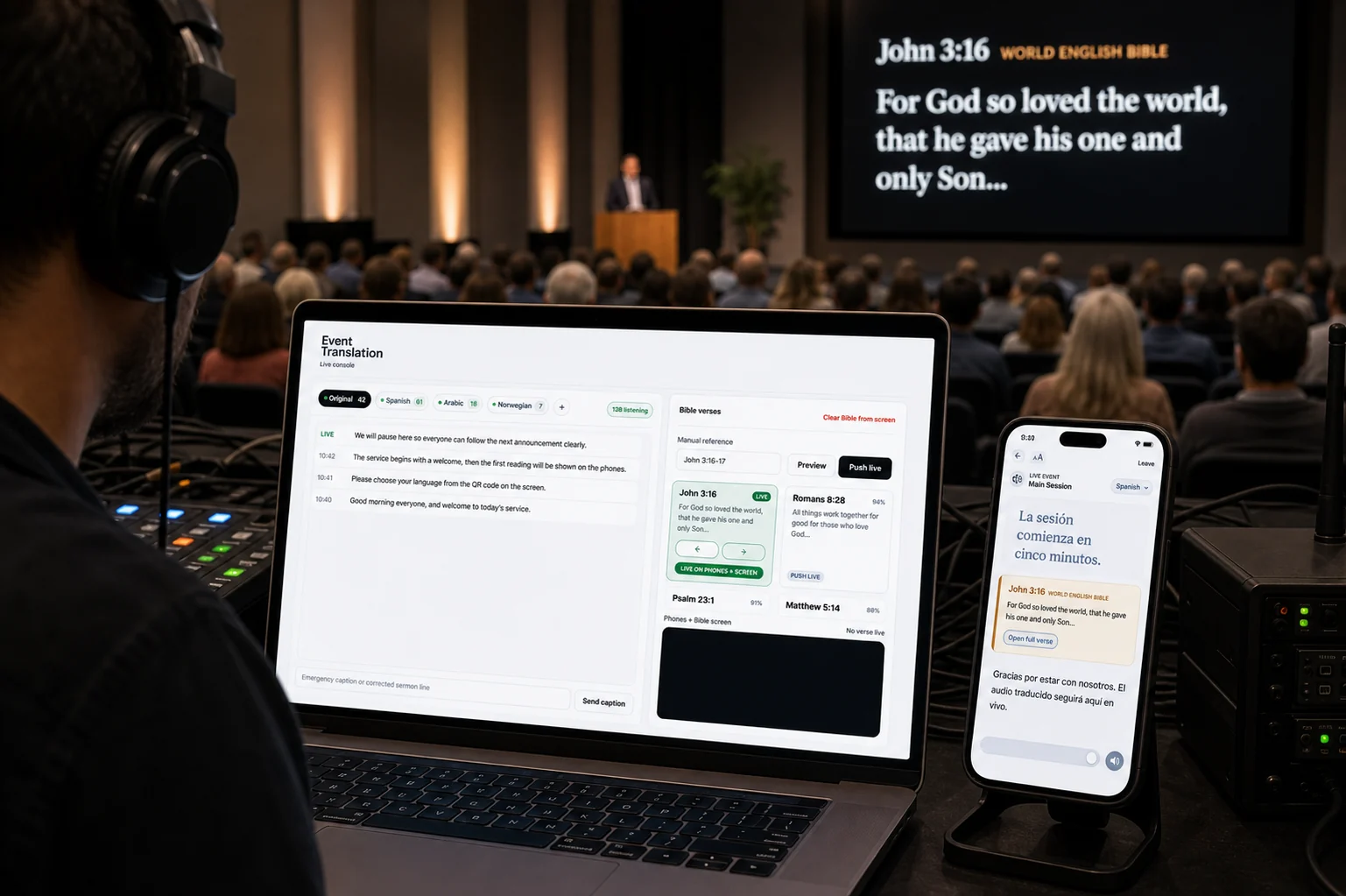 A church tech booth running live translation during a service.