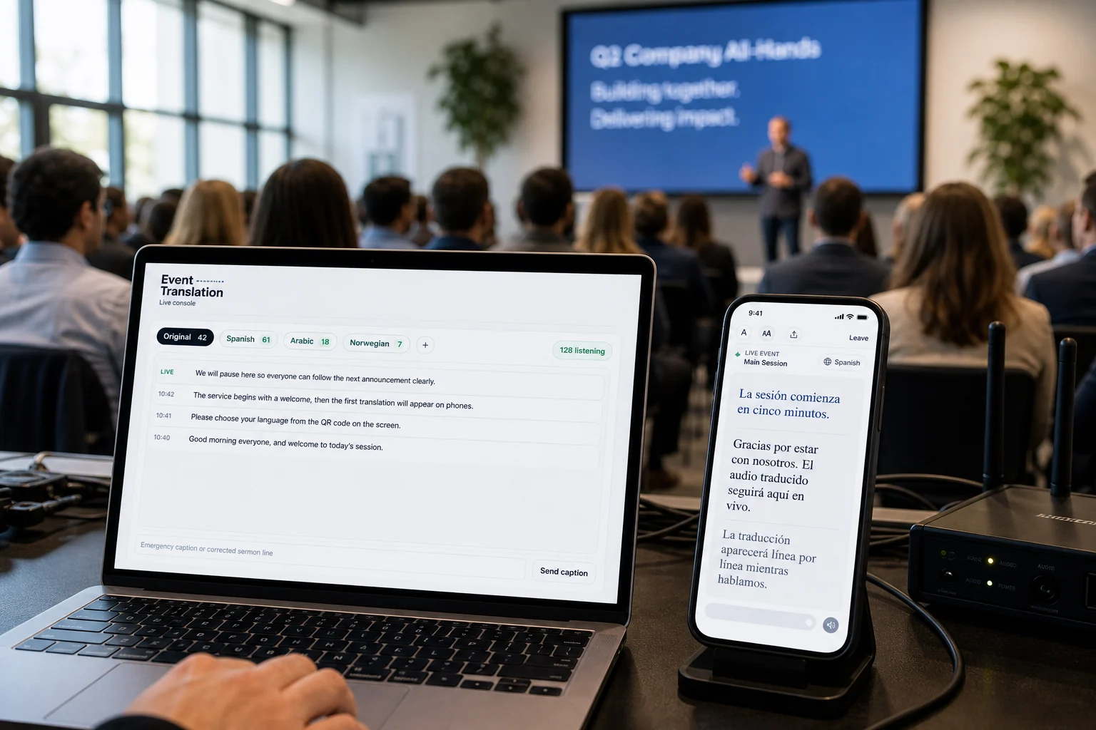 A company all-hands with employees listening.