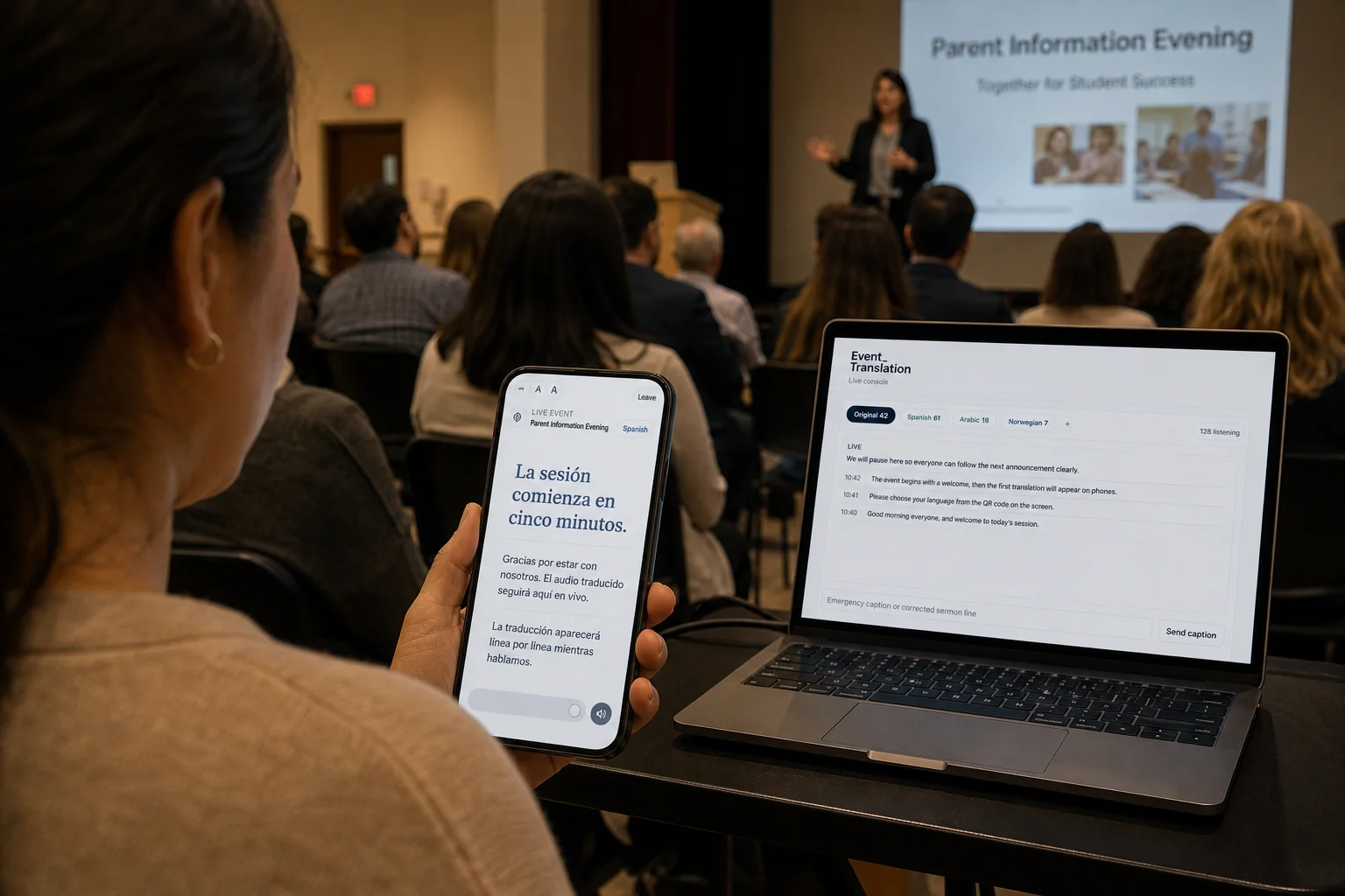 A student following an event with translated audio while taking notes.