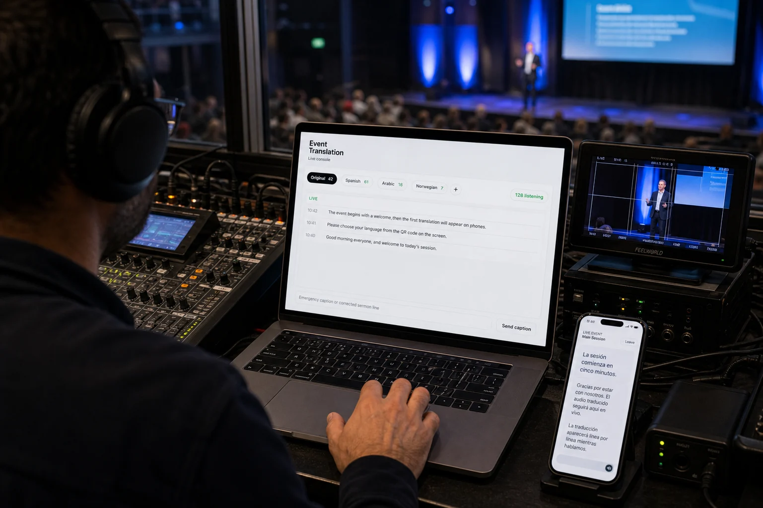 A volunteer running the Koine booth on a laptop during a live event.