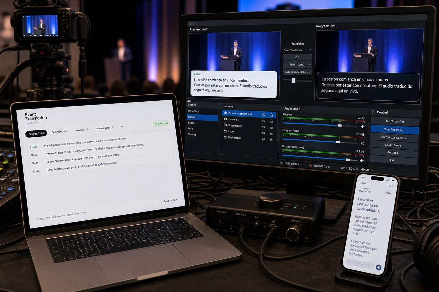 A livestream being translated, with a remote listener following on a phone.