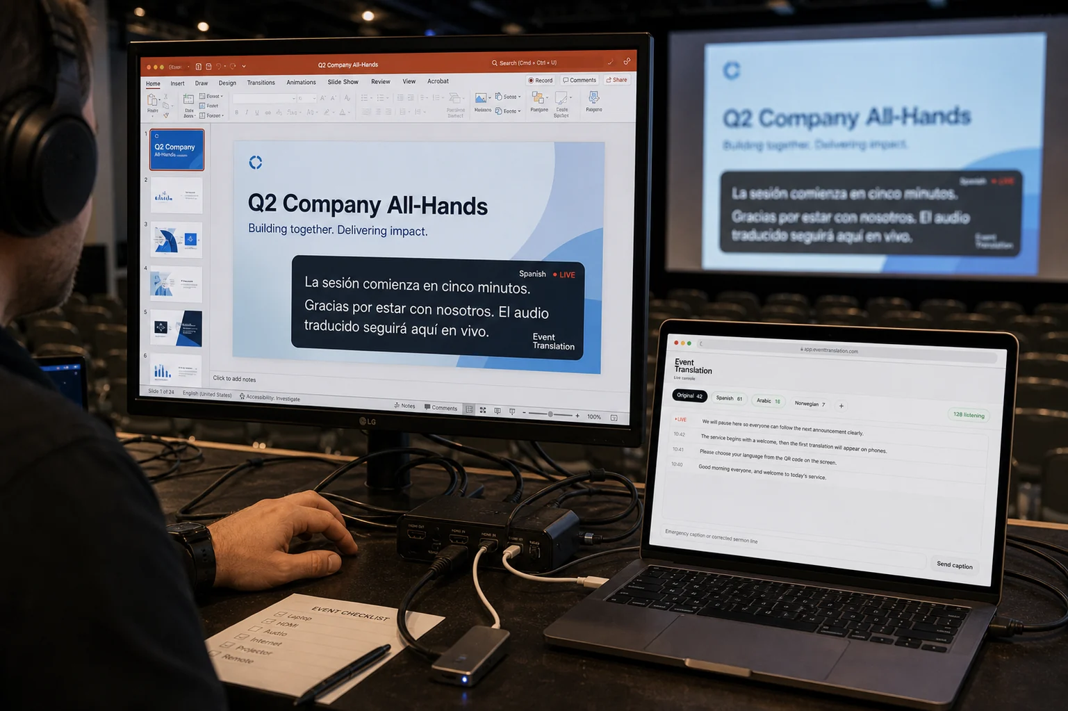 A presentation screen with a translated caption overlay running over the slides.