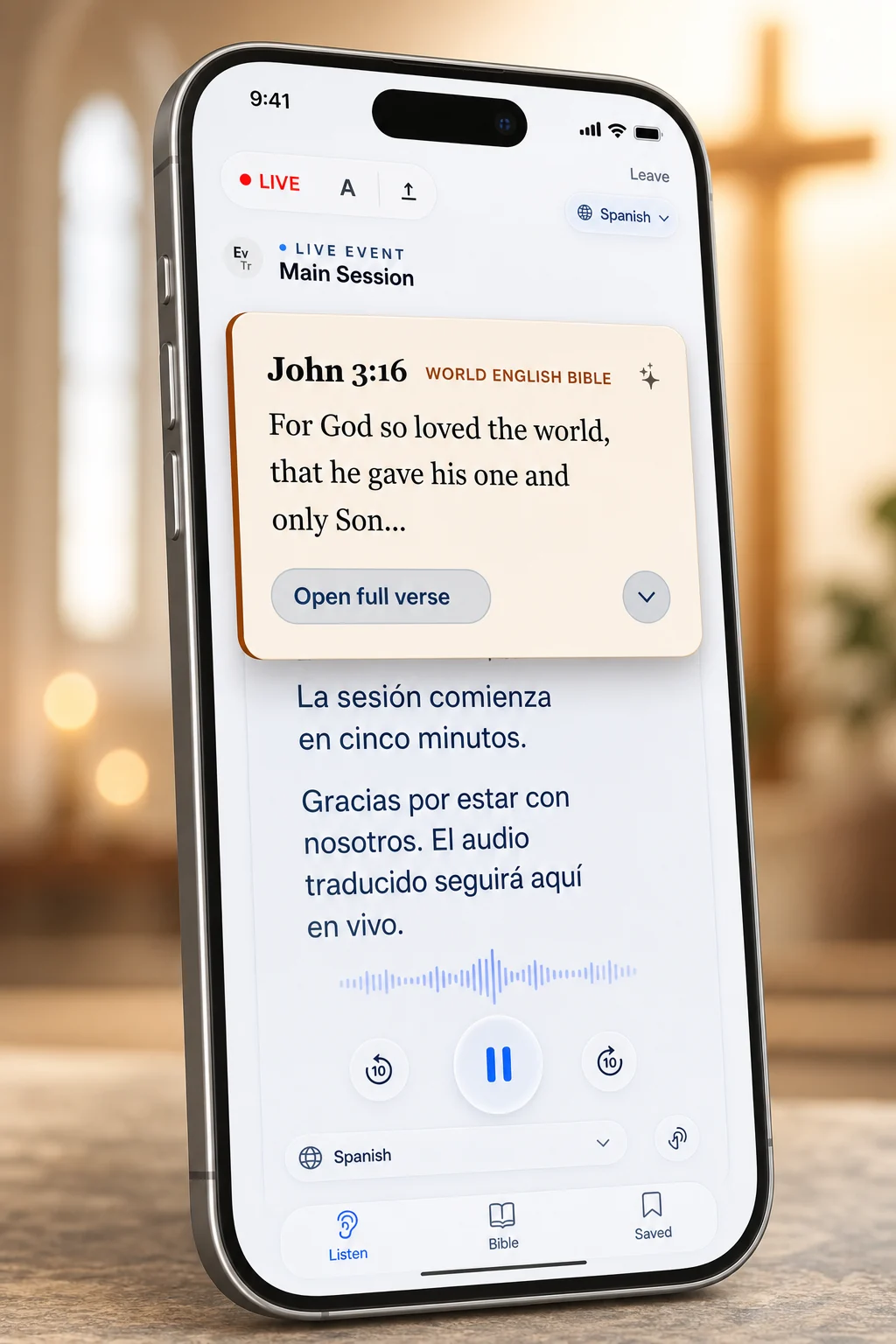 A listener's phone showing a Bible verse in Spanish during a service.